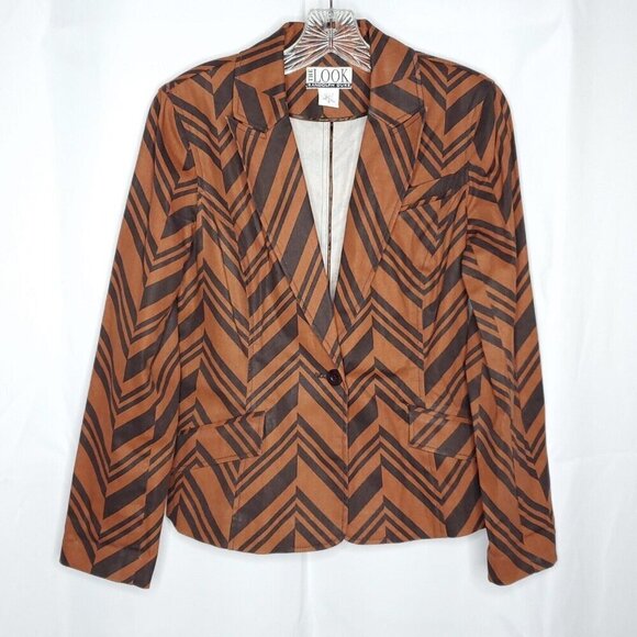 Womens Blazer Sm 6 Brown Black Bold Chevron Striped Single Button Pockets 90s - Picture 1 of 5